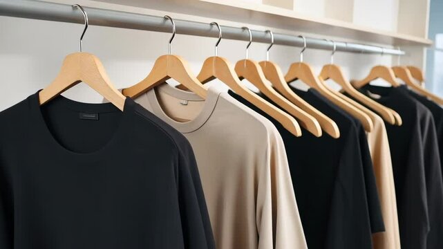Stylish fashionable sweaters displayed on hangers in a boutique setting. Well organized display of various warm clothes Collection in a clothing store. Row of different youth garment on a clothes rack