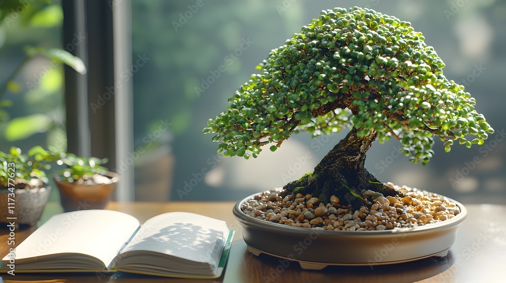 Poster bonsai tree placed on a wooden desk in a well lit office space accompanied by an open notebook creat
