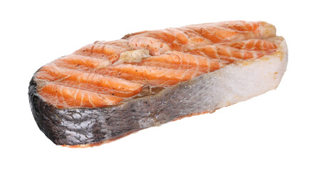 One tasty grilled salmon steak isolated on white