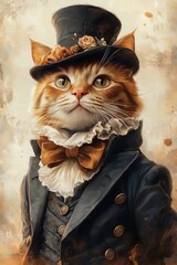 Dapper orange tabby cat in victorian attire with top hat and bowtie