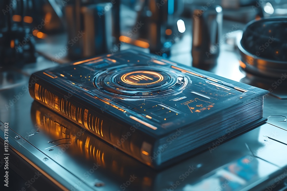 Poster futuristic book with illuminated interface details rests on a sleek metallic surface in a high-tech 