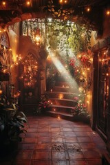 Obraz premium A staircase with a door in the middle. The door is open and there are flowers in the room