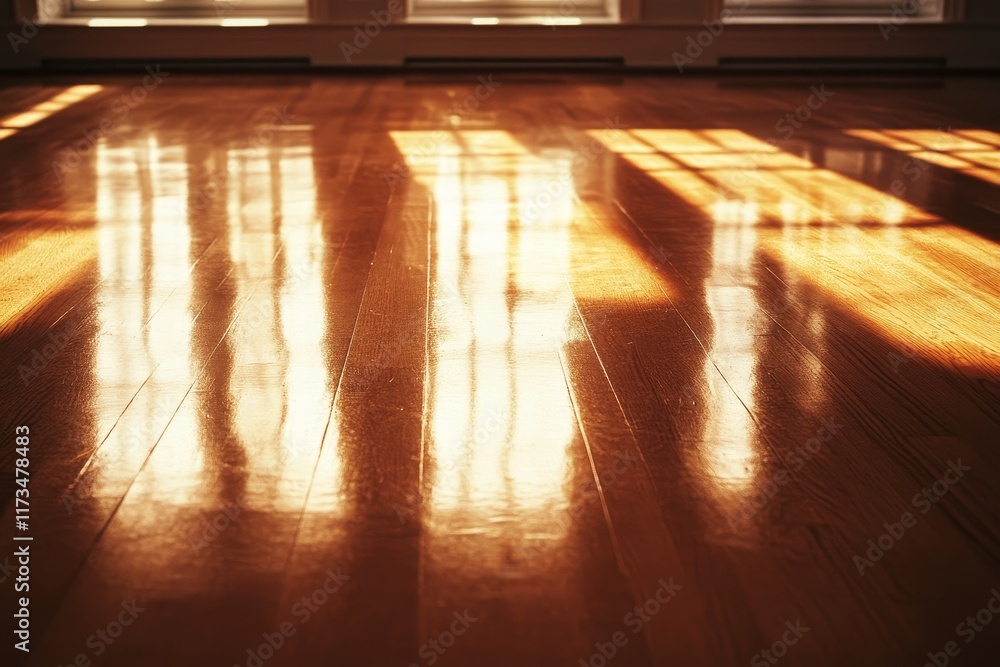 Poster a beautifully polished hardwood floor captures the warm glow of sunlight streaming through windows, 