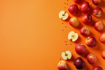 Fresh red apples and seeds on orange background, flat lay. Space for text