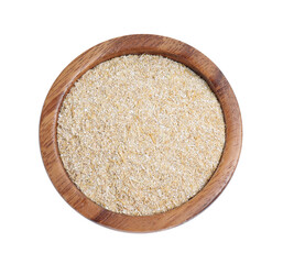 Oat bran in bowl isolated on white, top view