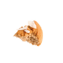 Piece of tasty cookie with almond flakes isolated on white