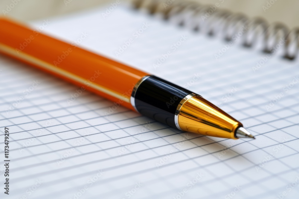 Poster a close-up view of a vibrant orange pen resting on a blank grid-patterned page, perfect for capturin