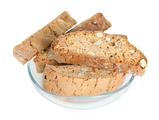 Traditional Italian almond biscuits (Cantucci) in glass bowl isolated on white