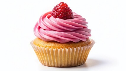 Pink Frosted Cupcake with Raspberry - Delicious Sweet Treat Stock Photo