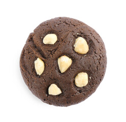 One tasty chocolate cookie with hazelnuts isolated on white, top view