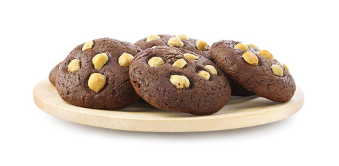 Tasty chocolate cookies with hazelnuts isolated on white