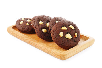 Tasty chocolate cookies with hazelnuts isolated on white