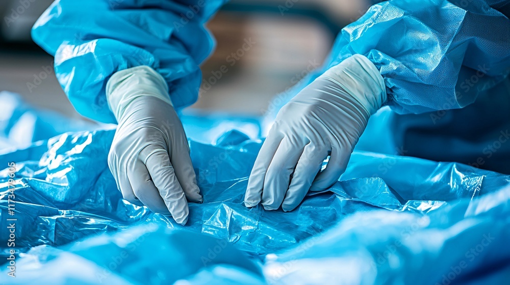 Poster surgical gowns being unfolded and checked for proper fit stock photo with side copy space