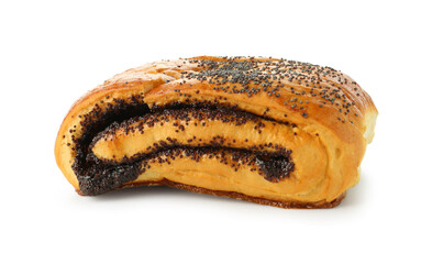 Tasty bun with poppy seeds isolated on white
