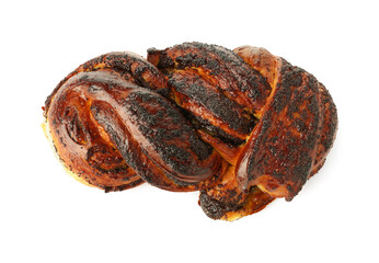 Tasty bun with poppy seeds isolated on white, top view