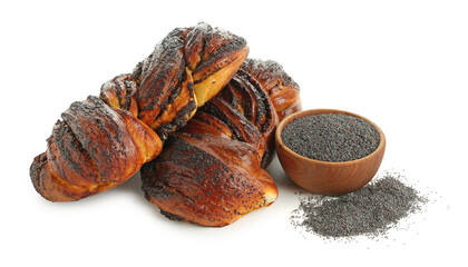 Tasty buns with poppy seeds isolated on white