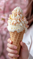 Delicious Ice Cream Cone with Cherry Blossoms