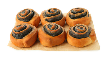 Tasty buns with poppy seeds isolated on white
