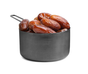 Tasty dried dates in scoop isolated on white