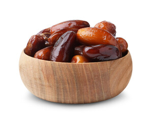 Tasty sweet dried dates in wooden bowl isolated on white