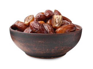 Tasty dried dates in bowl isolated on white