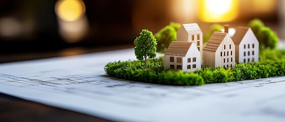 A miniature model of houses on a green base sits atop paperwork, symbolizing real estate and property investment.