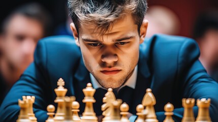 Chess player concentrating on golden chessboard pieces making strategic move