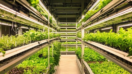 Fototapeta premium Indoor vertical farm; plants grow under LED lights.