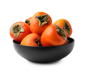 Delicious ripe juicy persimmons in bowl isolated on white