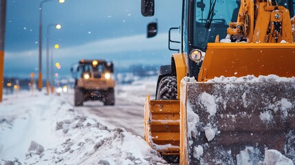 Snowplows clear a snowy road under overcast skies, showcasing winter maintenance in action with two machines working together.