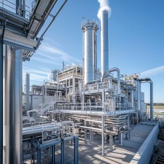 Industrial plant, chemical process, energy production, clear sky, outdoor setting, for industry reports.