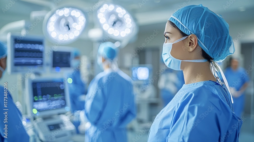 Aufkleber surgical instruments arranged on a sterile tray in the operating room stock photo with side copy spa