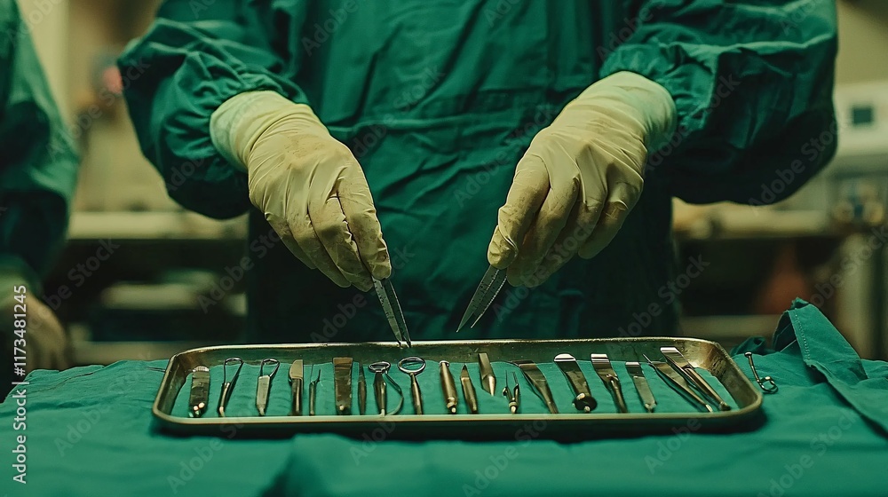 Poster surgical instruments arranged on a sterile tray in the operating room stock photo with side copy spa