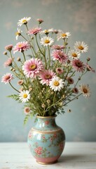 Delicate bouquet of pink and white daisies in ornate vase against textured pastel background