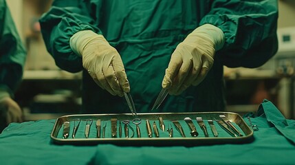 Surgical instruments arranged on a sterile tray in the operating room Stock Photo with side copy space