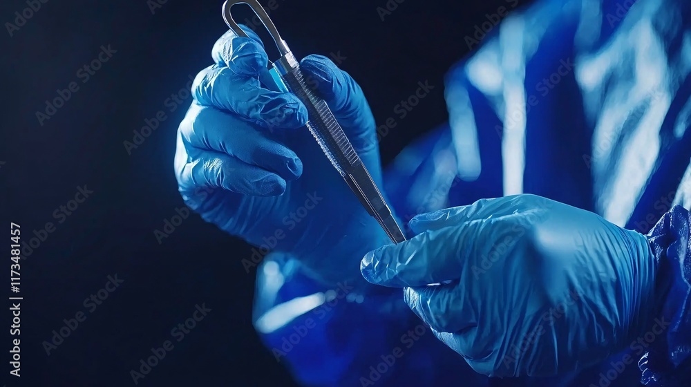 Aufkleber surgical instruments held by a gloved surgeon during a procedure stock photo with side copy space