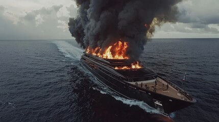 Luxury yacht engulfed in flames at sea, emergency response underway.