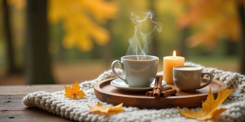 Fototapeta premium Cozy Autumn Afternoon Warm Drinks and Candlelight on a Knitted Blanket