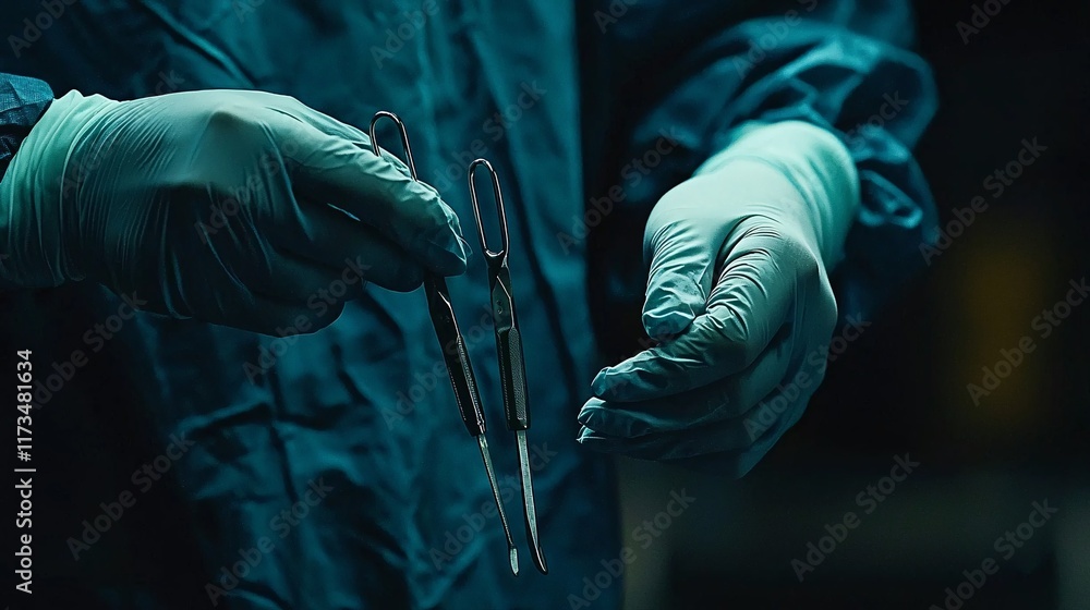 Poster surgical instruments held by a gloved surgeon during a procedure stock photo with side copy space
