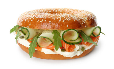 Delicious bagel with salmon, cream cheese and cucumber isolated on white
