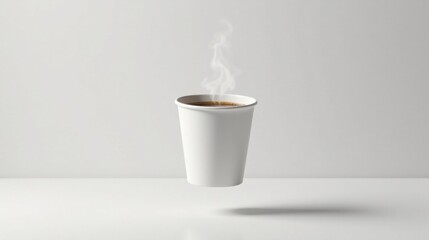 A steaming cup of coffee in a white disposable cup on a plain white background