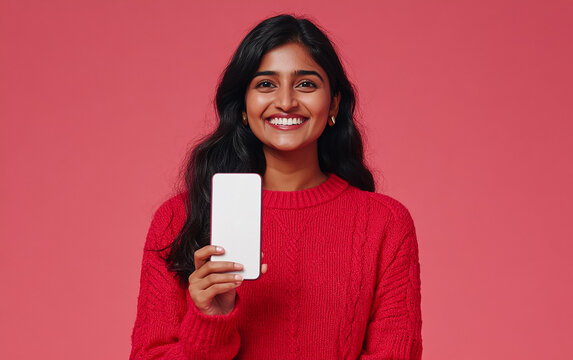 Smiling Indian woman in a red sweater pointing at a phone screen, captured in a studio shot against a pastel pink background, radiating a cheerful and modern vibe.

