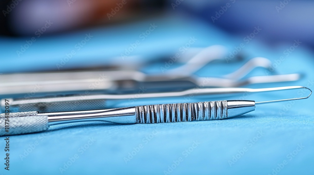 Poster Surgical instruments including scalpels and forceps cleaned for reuse Stock Photo with side copy space