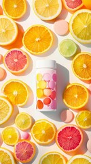 Bright and vibrant arrangement of citrus fruits surrounding a playful beverage container