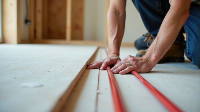 Close-up of hands installing radiant floor heating system during home construction