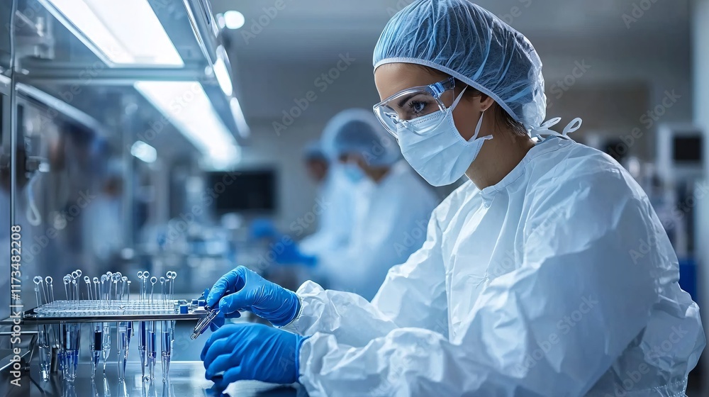 Poster surgical instruments being organized by nurses in a cleanroom stock photo with side copy space