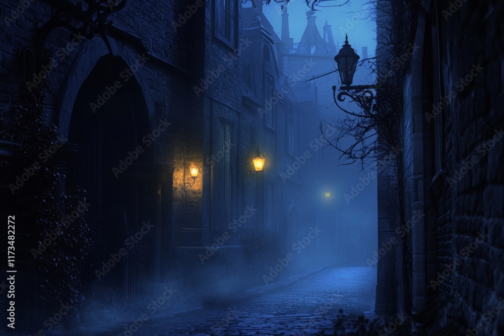 Poster a captivating view of a foggy alleyway at night, illuminated by warm lanterns, creating an eerie yet