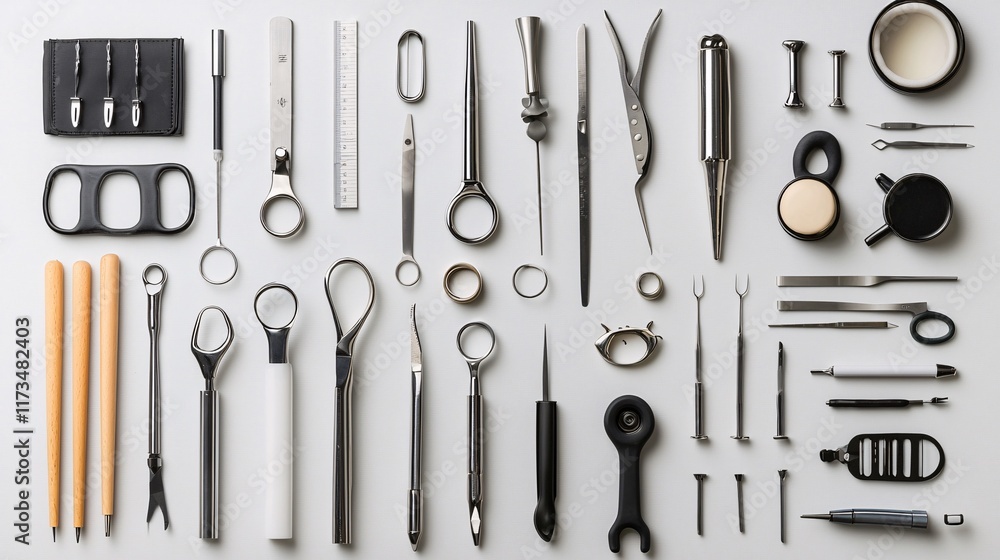 Poster surgical instruments featuring advanced ergonomic designs for surgeons stock photo with side copy sp