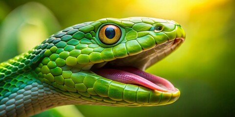 Fototapeta premium Playful Green Snake Close-Up: Humorous Reptile Portrait on Warm Background