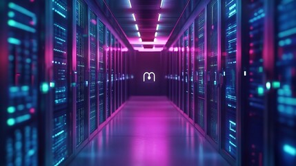 Futuristic Neon Lit Data Center Corridor with Rows of High Tech Servers and Glowing Lights